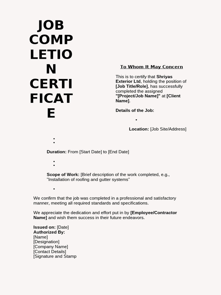 Job Completion Certificate Template | PDF