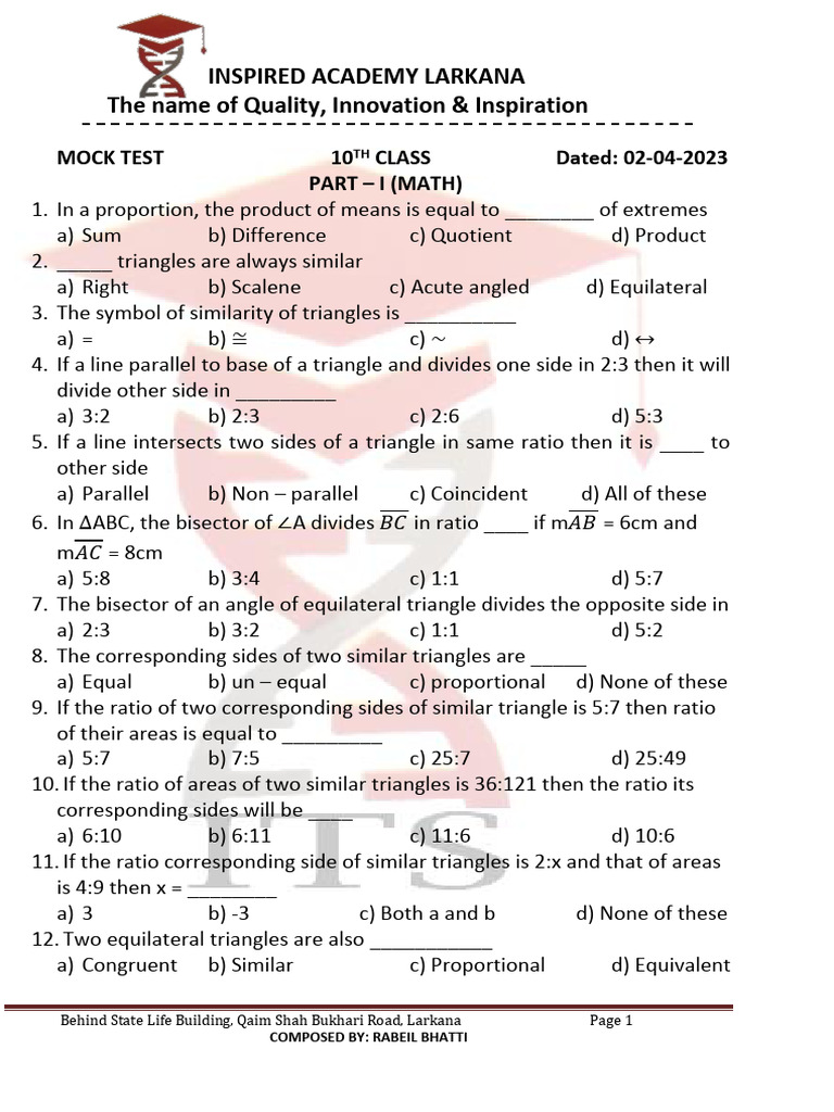 10th Class Mock Test: Math & Chemistry | PDF | Dominance (Genetics ...