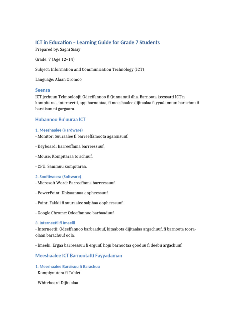 ICT in Education Grade7 Student Package AfaanOromoo | PDF