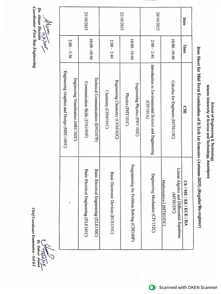 Mid Term Date Sheet SOE&T Autumn 2025 | PDF