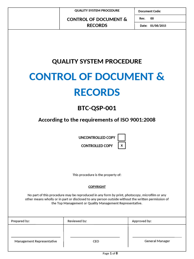 Document Control Procedure for Quality Management | PDF | Quality ...