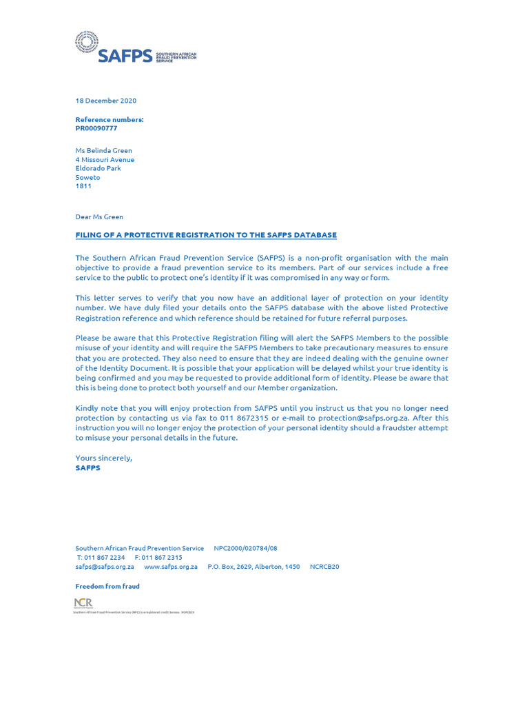SAFPS Protective Registration Confirmation | PDF