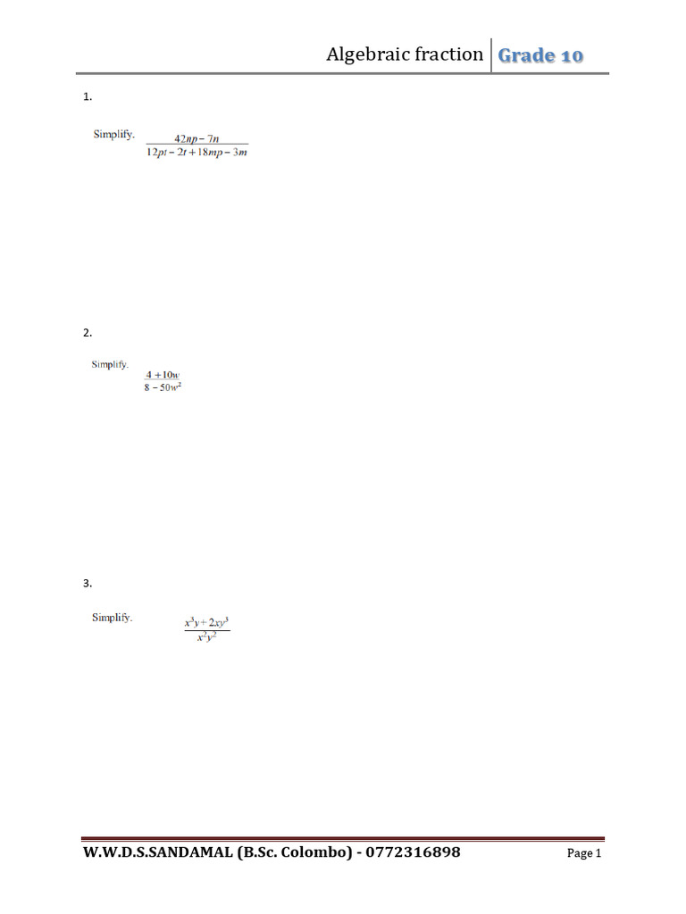 Algebraic Fractions Worksheers | PDF