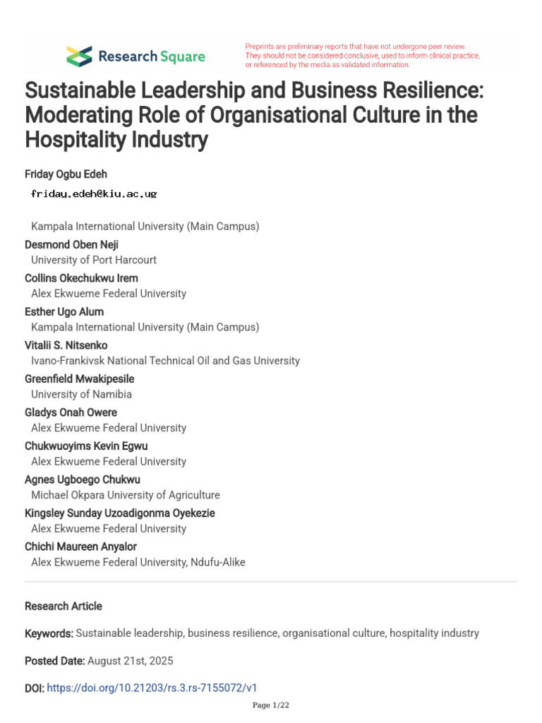 Sustainable Leadership in Hospitality Resilience | PDF | Sustainability ...