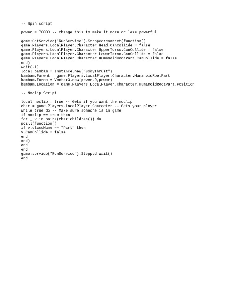 Roblox Spin and Noclip Script | PDF