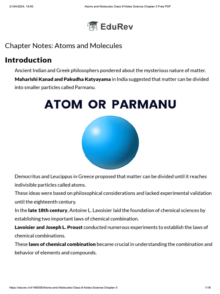 Atoms and Molecules Class 9 Notes Science Chapter 3 Free PDF | PDF ...