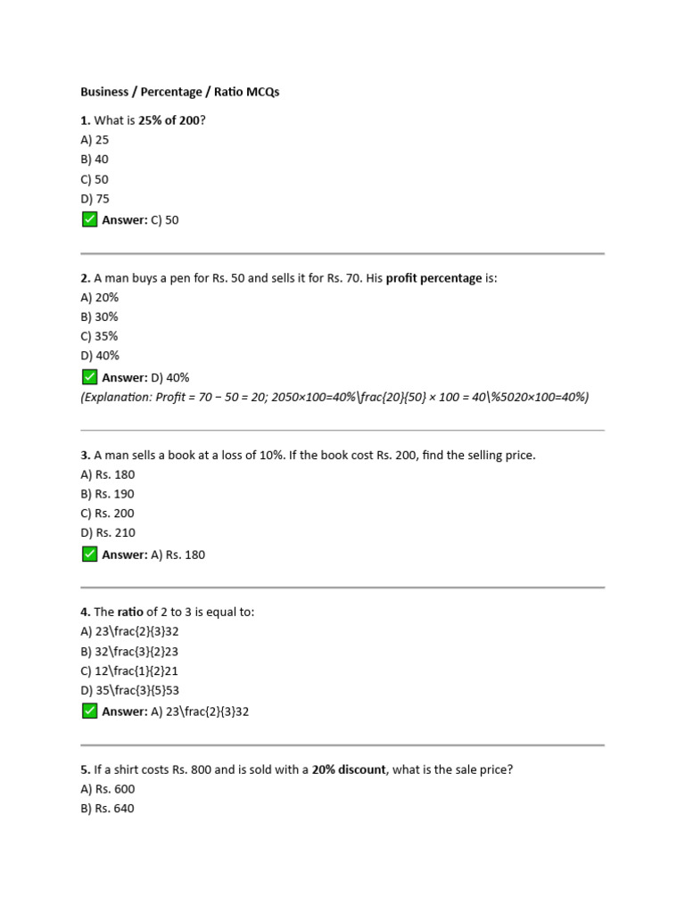 Business Math MCQs: Percentages & Ratios | PDF