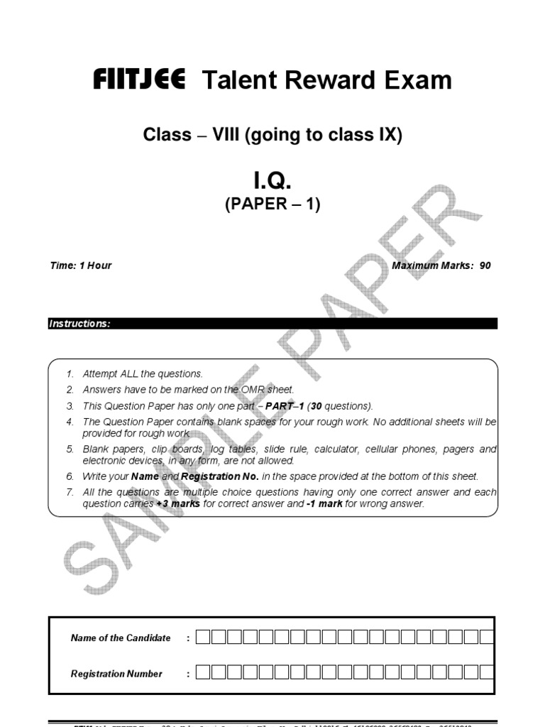 Fiitjee entrance exam sample papers for class 10 going to 11 picture