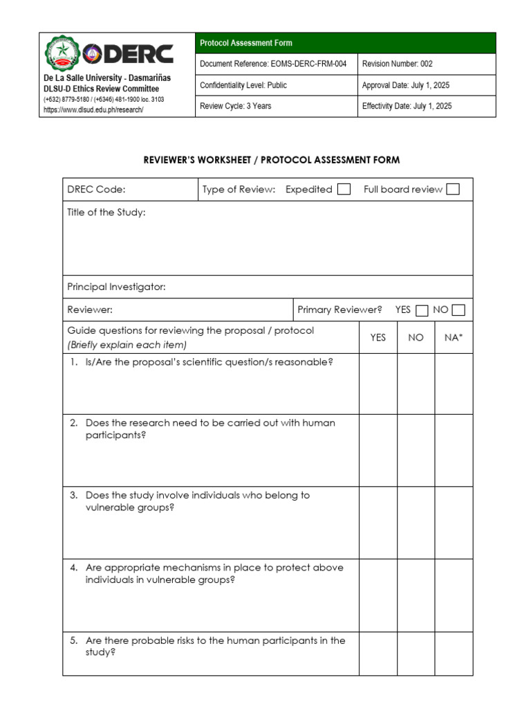 DLSU-D Ethics Review Protocol Form | PDF