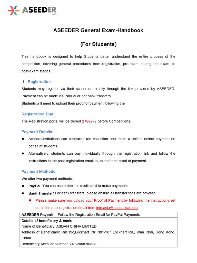 ASEEDER Exam Handbook for Students | PDF | Pay Pal | Payments