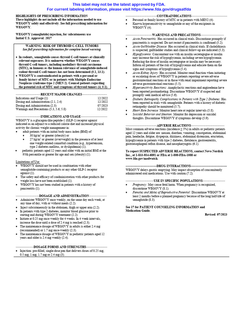 WEGOVY Prescribing Information Overview | PDF | Hypoglycemia | Diabetes