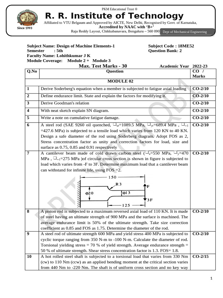QB2 18me52 | PDF | Strength Of Materials | Stress (Mechanics)