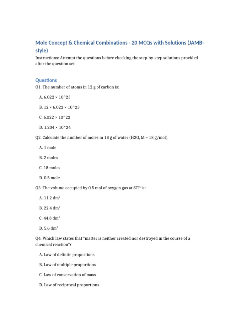 Mole Concept MCQs with Solutions | PDF | Mole (Unit) | Gases
