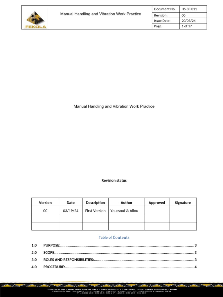HS-SP-011 Manual Handling | PDF | Occupational Safety And Health | Risk