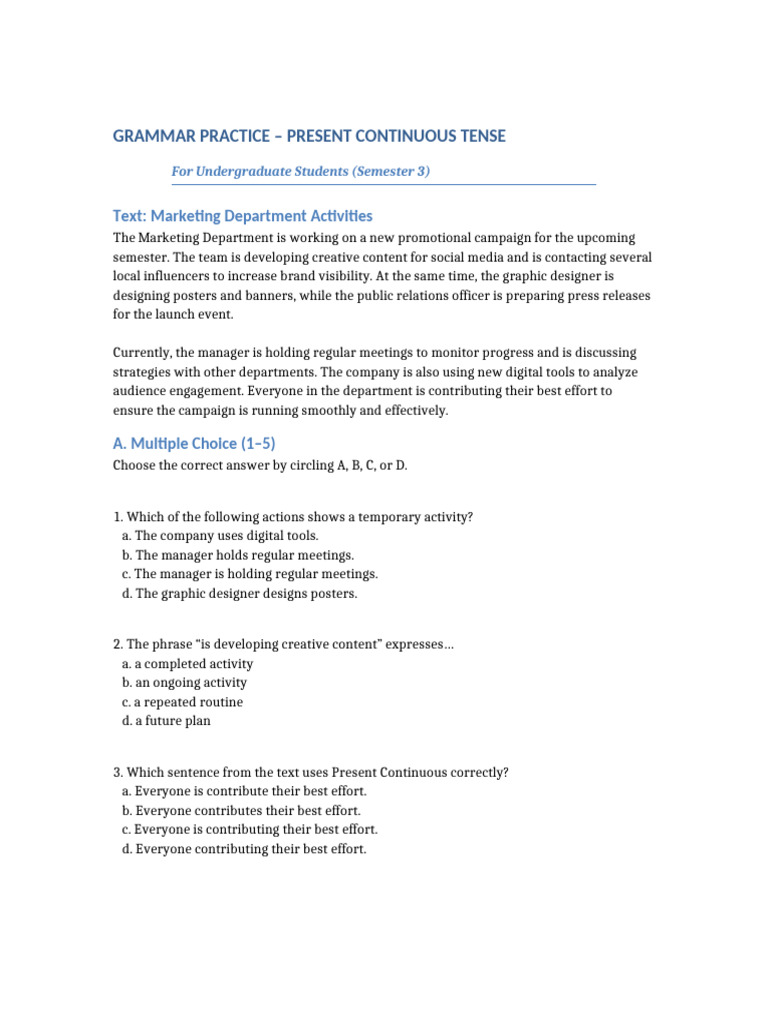 Grammar Practice Present Continuous Level3 | PDF
