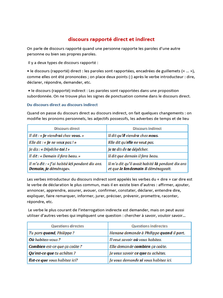 Discours rapporté : direct et indirect | PDF