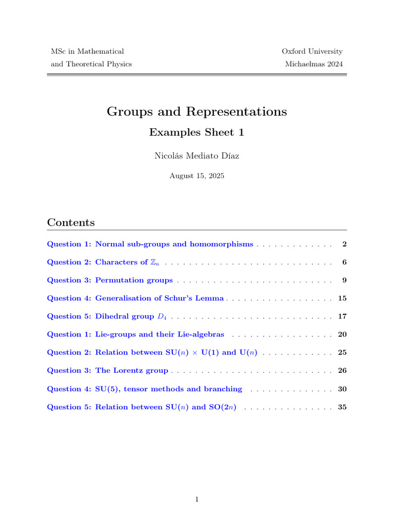 Groups and Representations Examples Sheet | PDF | Group (Mathematics ...