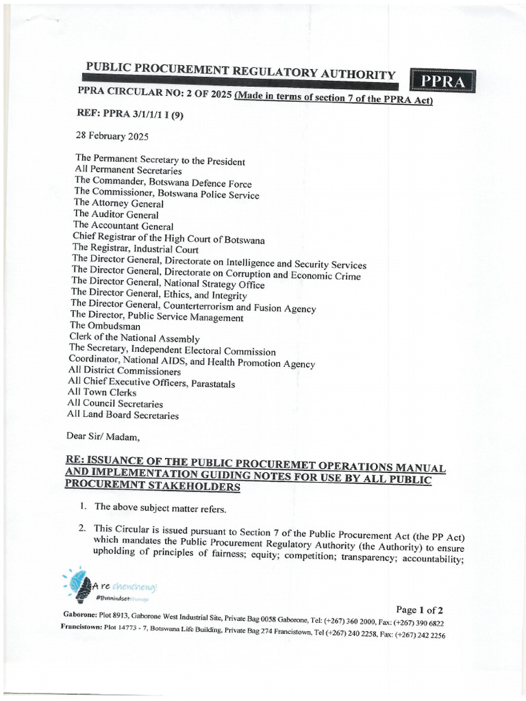 PPRA Circular No 2 of 2025 - Issuance of The Public Procurement Manual ...