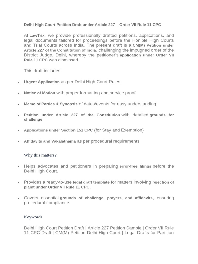 Delhi High Court Petition Draft Guide | PDF | Lawsuit | Affidavit