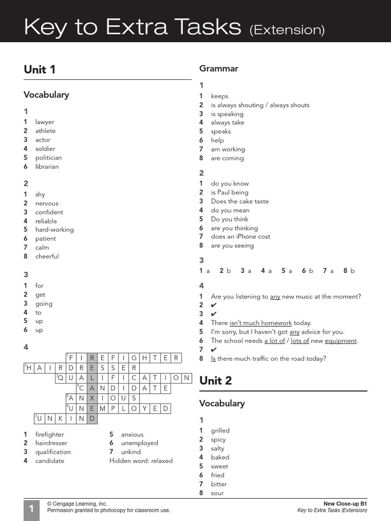 New Close-up B1 Extra Tasks Key | PDF