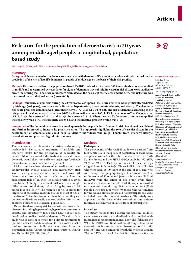 Dementia Risk Prediction Model for Midlife | PDF | Receiver Operating ...