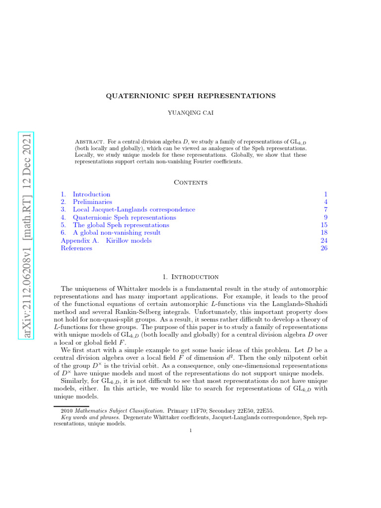 Quaternionic Speh Representations Study | PDF | Representation Theory ...
