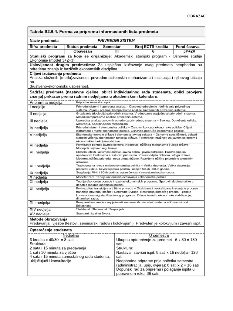 PS 2025 Informaciona Lista Predmeta | PDF