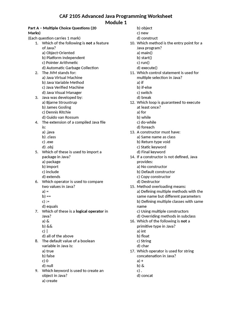 Advanced Java Programming Worksheet | PDF | Method (Computer ...