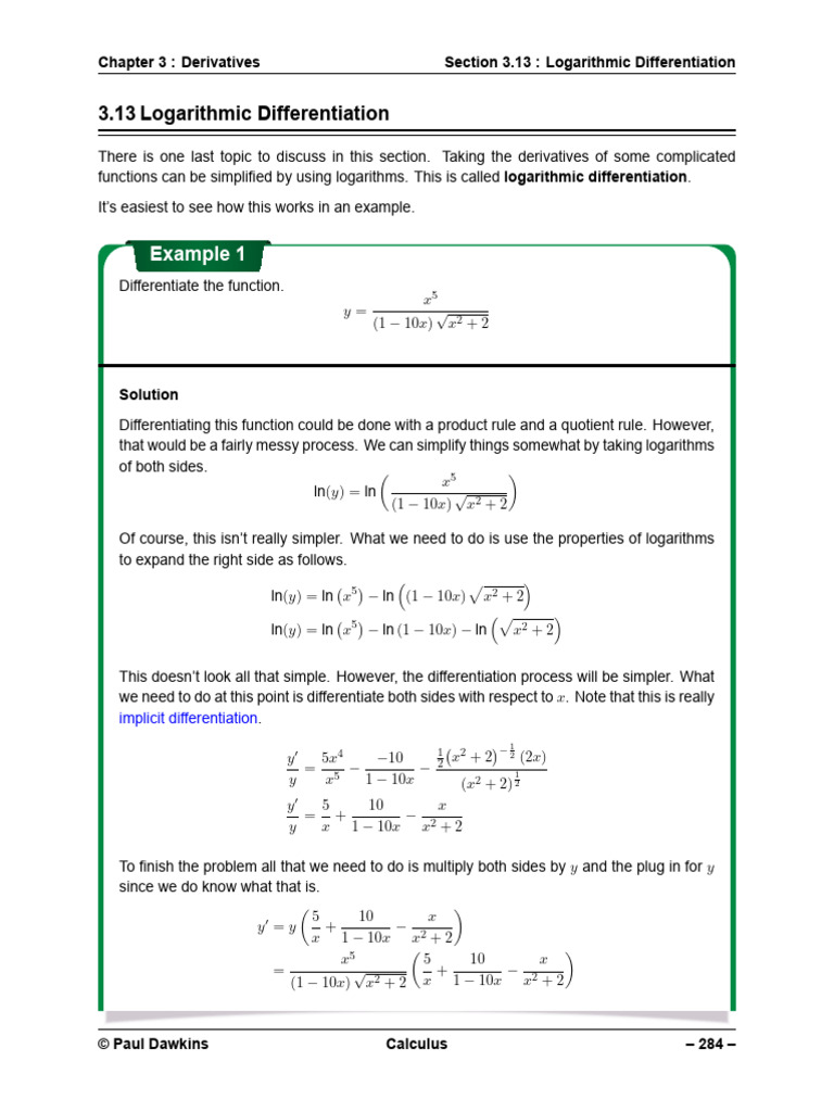 Logarithmic Differentiation Explained | PDF | Derivative | Elementary ...