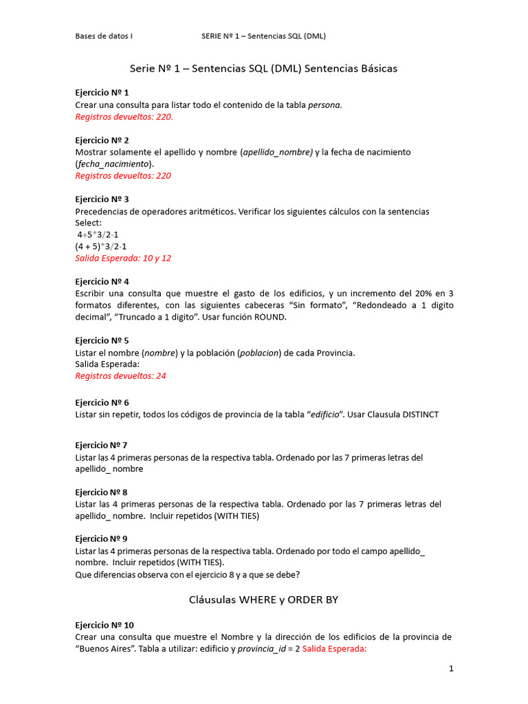 Ejercicios SQL DML para Bases de Datos | PDF | SQL | Bases de datos