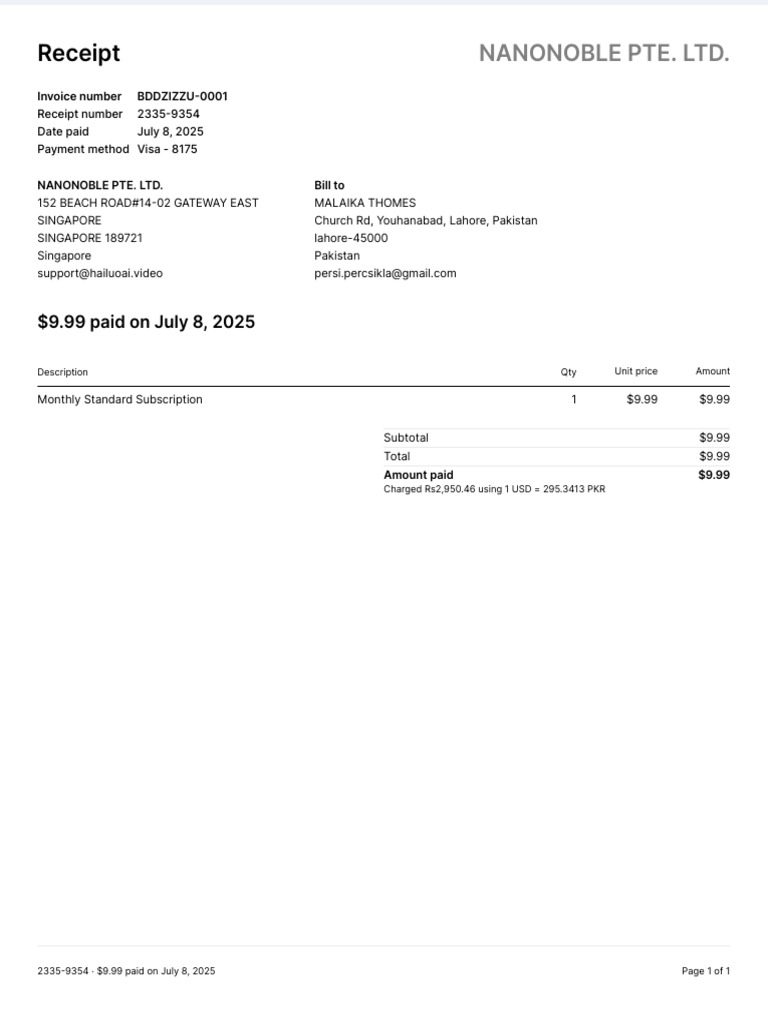Monthly Subscription Receipt - $9.99 | PDF