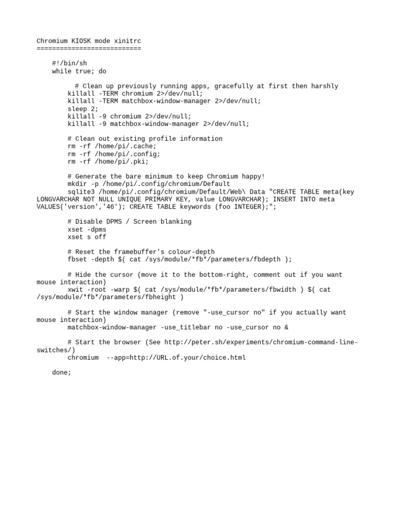 Chromium KIOSK Mode Xinitrc | PDF