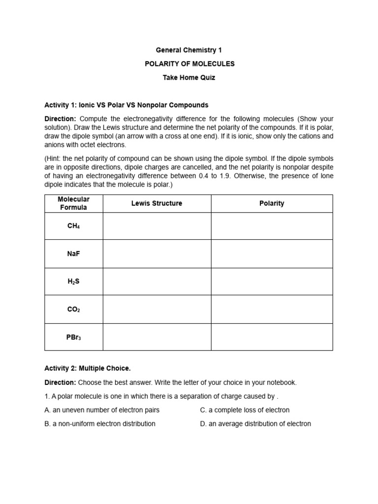 Polarity of Molecules Quiz Guide | PDF | Chemical Polarity | Chemical Bond