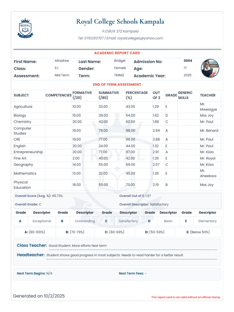 2025 Mid Term Academic Report Cards | PDF | Educational Assessment And ...