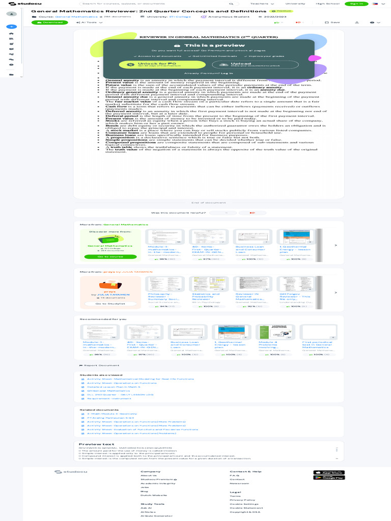 General Mathematics Reviewer - 2nd Quarter Concepts and Definitions ...