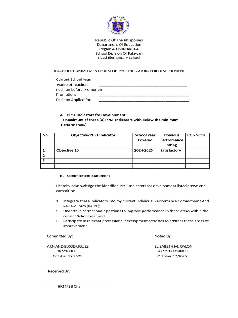 Teacher Commitment Form for PPST 2025 | PDF