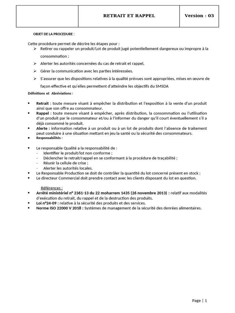 Procédure de Retrait et Rappel Produit | PDF