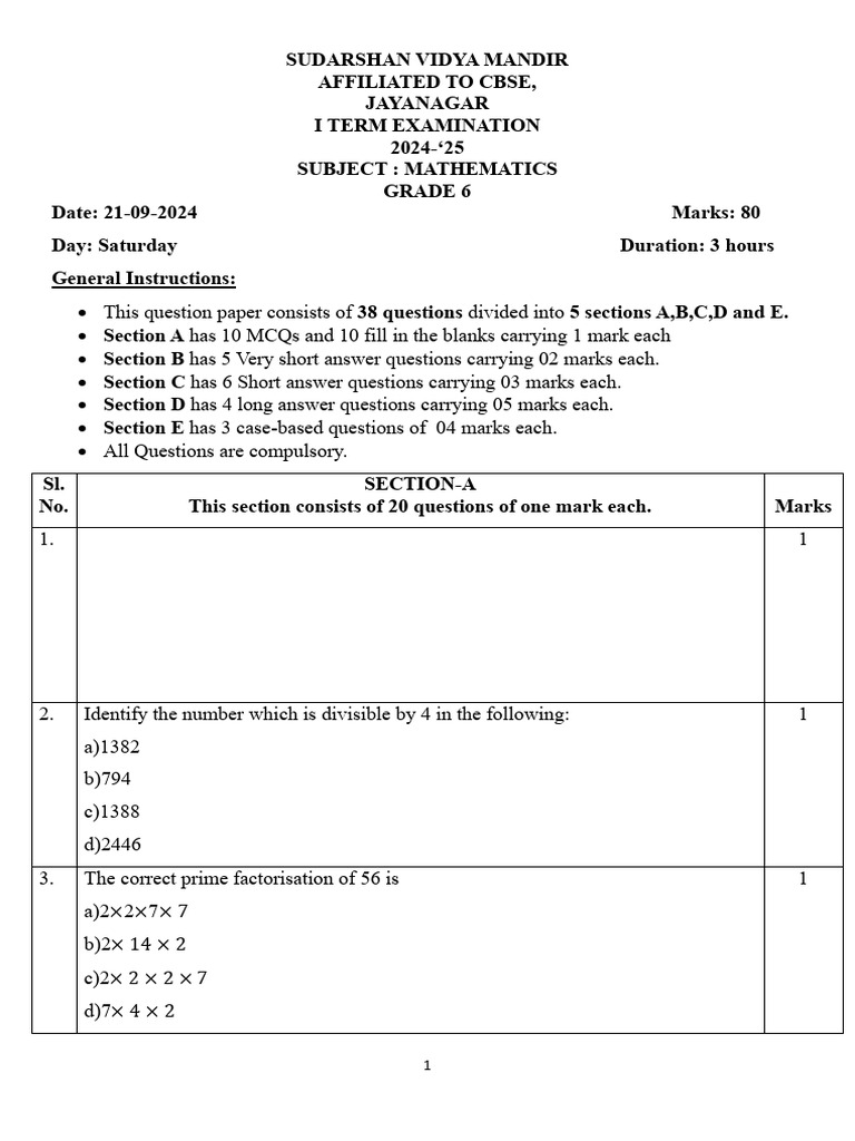Grade 6 Mathematics Exam Paper 2024 | PDF | Rectangle | Elementary Geometry