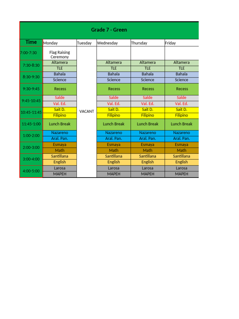 Grade 7 Weekly Class Schedule | PDF