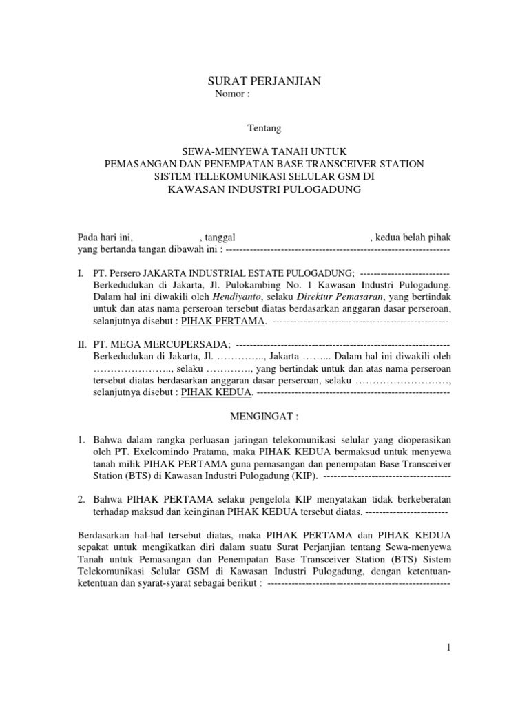 Surat Perjanjian Sewa-Menyewa Tanah Untuk BTS (PT 