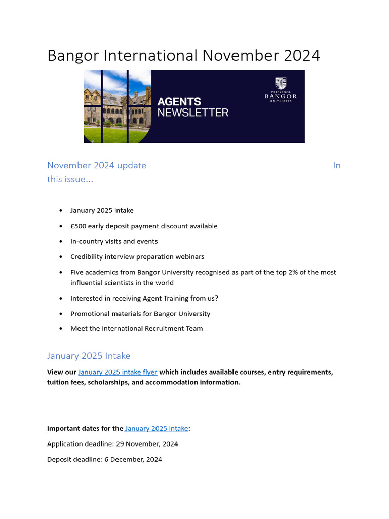 Bangor University January 2025 Intake Update | PDF