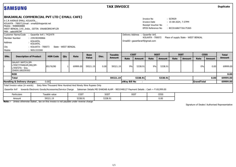 Tax Invoice for Galaxy Watch Purchase | PDF | Money | Taxation