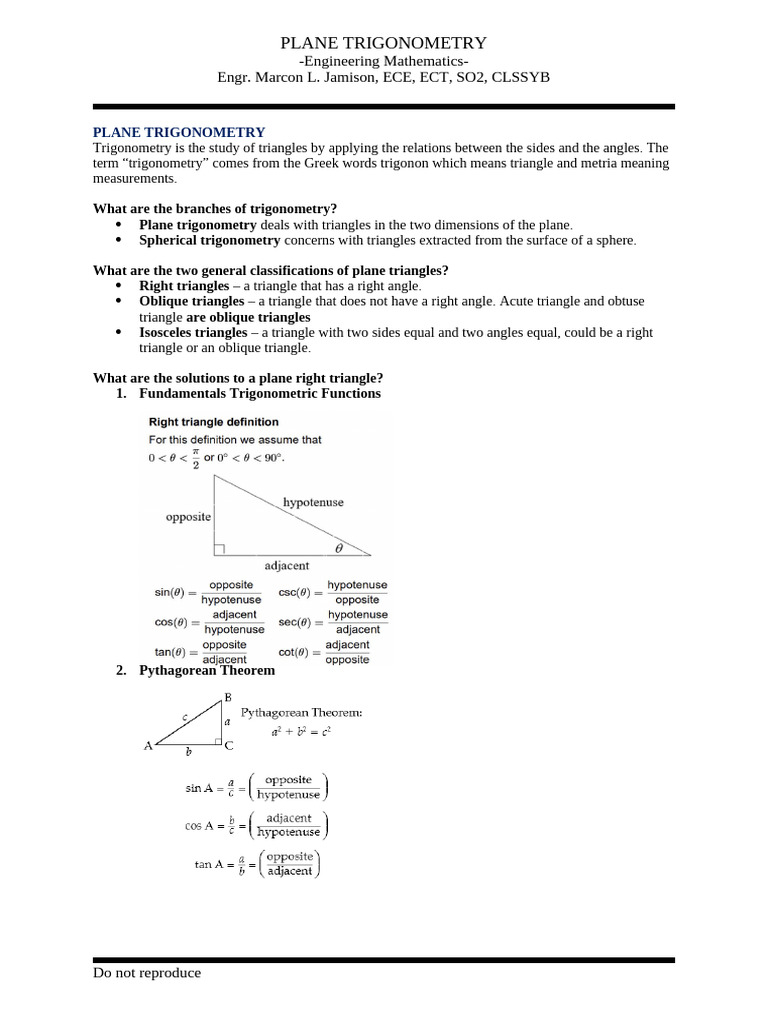 Plane Trigonometry Overview and Applications | PDF | Trigonometry ...
