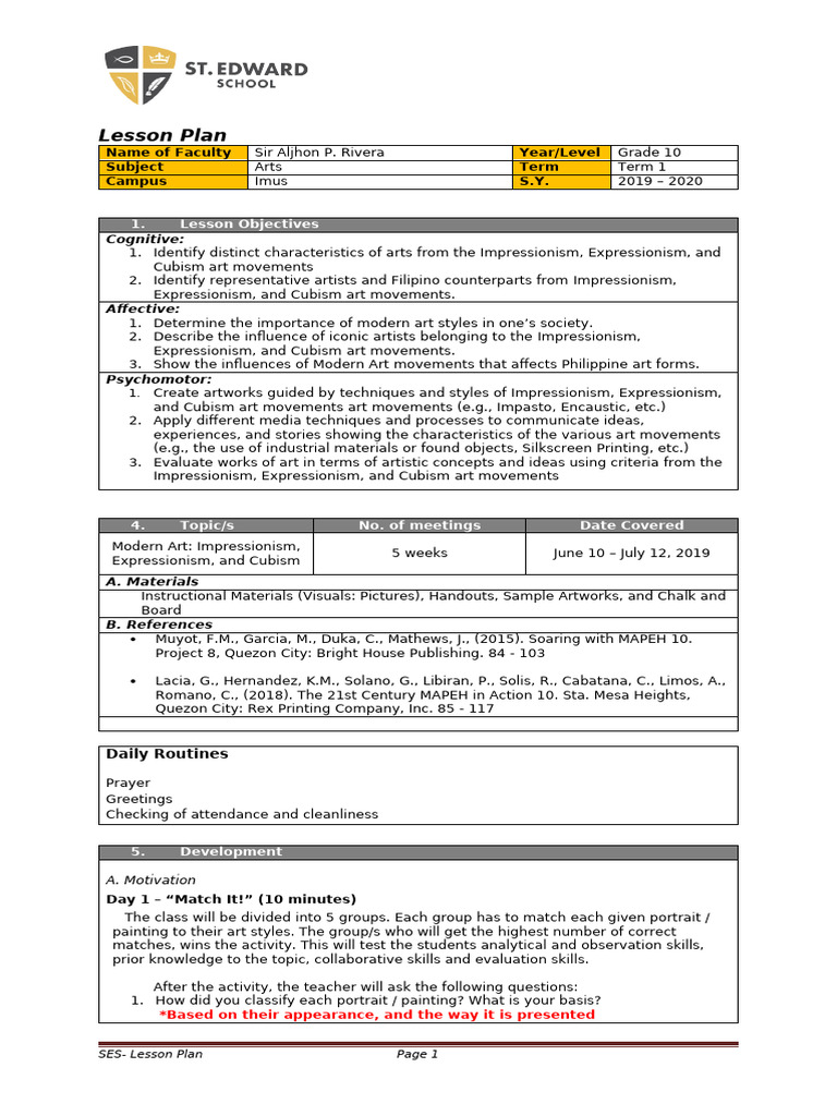 Grade 10 Arts Lesson Plan: Modern Art | PDF | Paintings | Impressionism