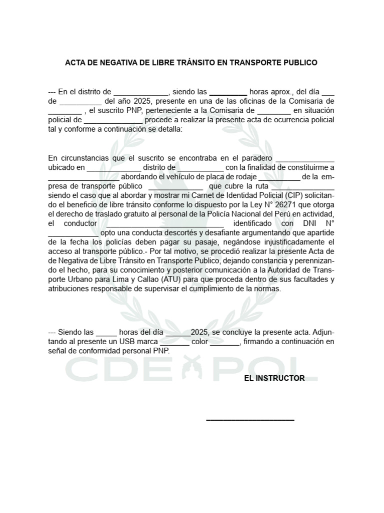 Acta de Negativa de Libre Tránsito PNP | PDF
