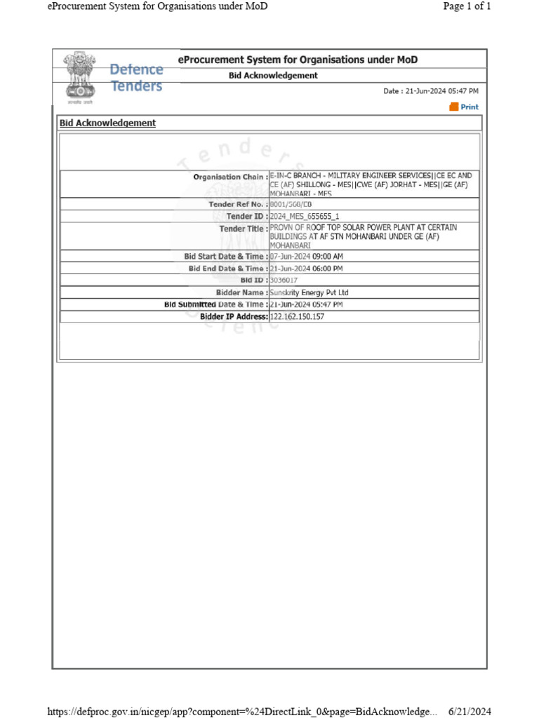 MoD eProcurement Bid Acknowledgement | PDF
