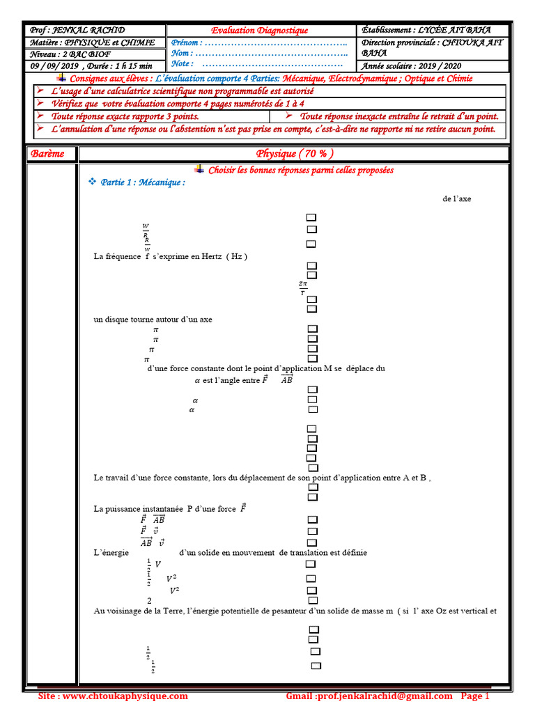 Évaluation Physique-Chimie 2 BAC | PDF | Réfraction | Champ magnétique