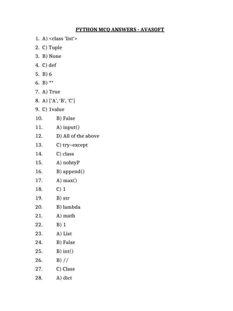 Python MCQ Answers - Avasoft Guide | PDF