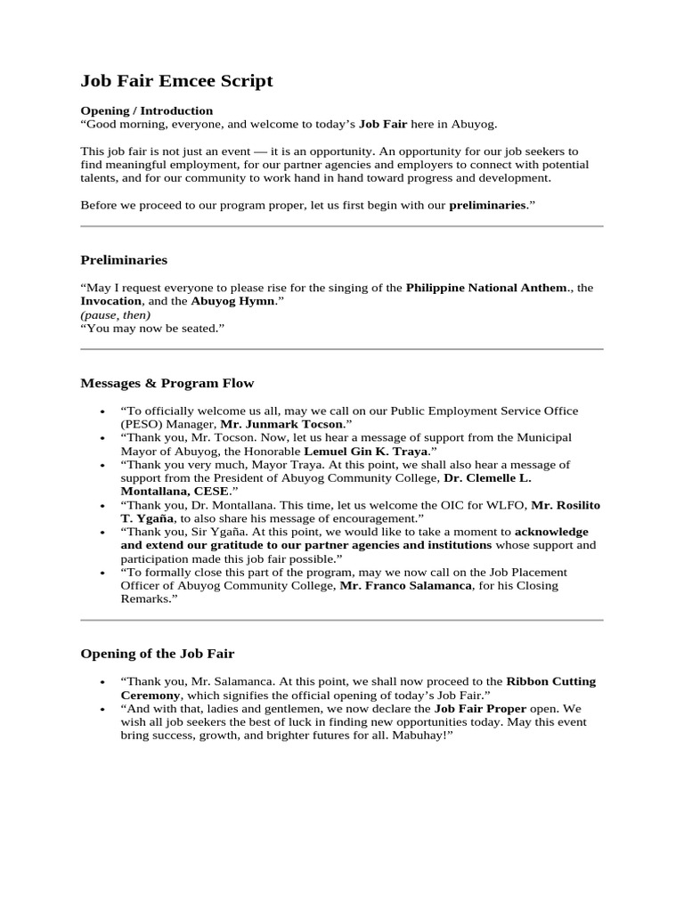 Job Fair Emcee Script for Abuyog Event | PDF