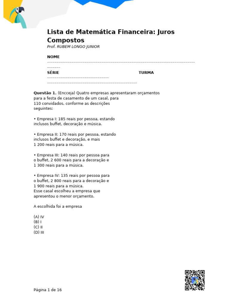 Lista de Matemtica Financeira Juros Compostos | PDF | Empréstimos | Juros